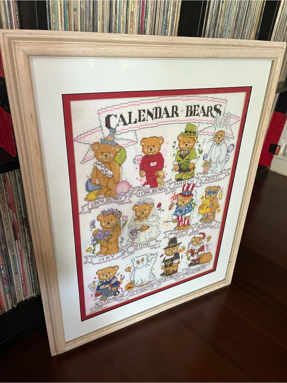 Framed Completed Calendar Bears Cross stitch Art needlework folk 80s 90s 🐻 🇺🇸 🗓️